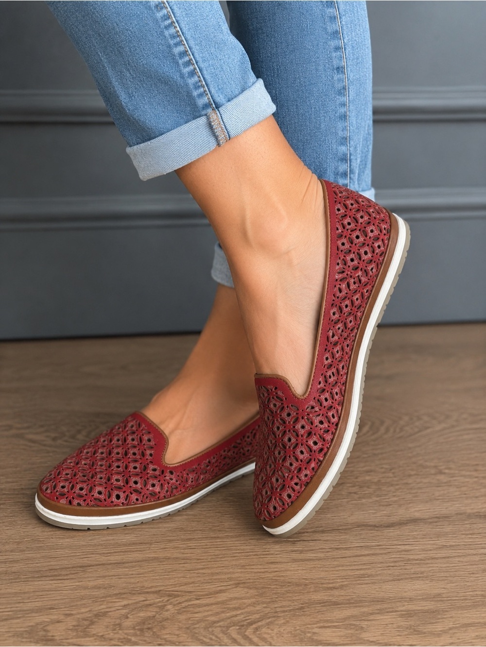 Spring Step Red Laser Cut Leather Comfort Loafers Size 37